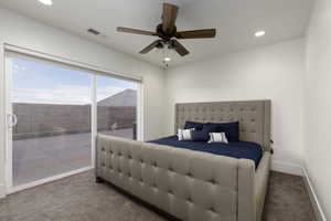 Bedroom with access to exterior, carpet floors, recessed lighting, and ceiling fan