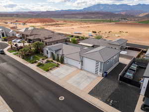 Aerial view of residential area with a mountain backdrop