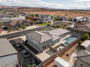 Aerial view of residential area featuring a mountain backdrop