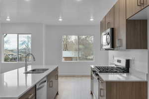 Kitchen featuring modern cabinets, brown cabinetry, stainless steel appliances, light wood finished floors, and light stone countertops