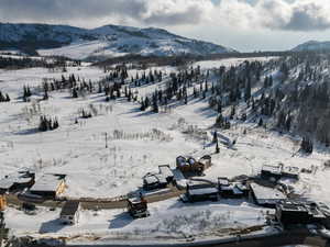 Snowy aerial view featuring a mountain view