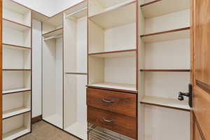 Walk in closet with carpet flooring