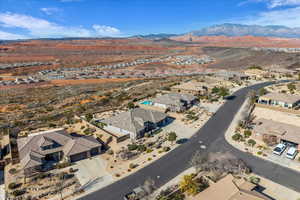 Aerial view of residential area with mountains