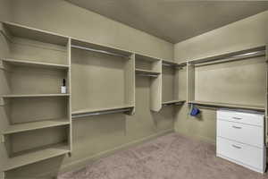 Walk in closet with light colored carpet