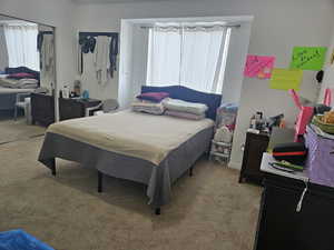 Bedroom featuring carpet flooring and a closet