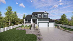 View of front of home with stairs, covered porch, board and batten siding, a garage, and driveway