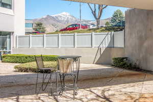 View of patio featuring a mountain view