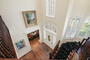 Foyer with a high ceiling and hardwood / wood-style flooring