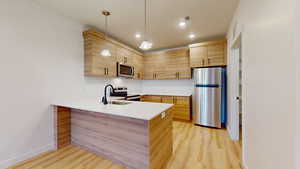 Kitchen featuring stainless steel appliances, a peninsula, pendant lighting, light wood-style floors, and light wood finish cabinetry