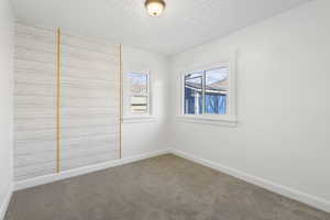 Unfurnished room with carpet flooring and a textured ceiling