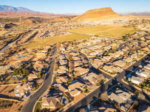 Aerial perspective of suburban area featuring mountains