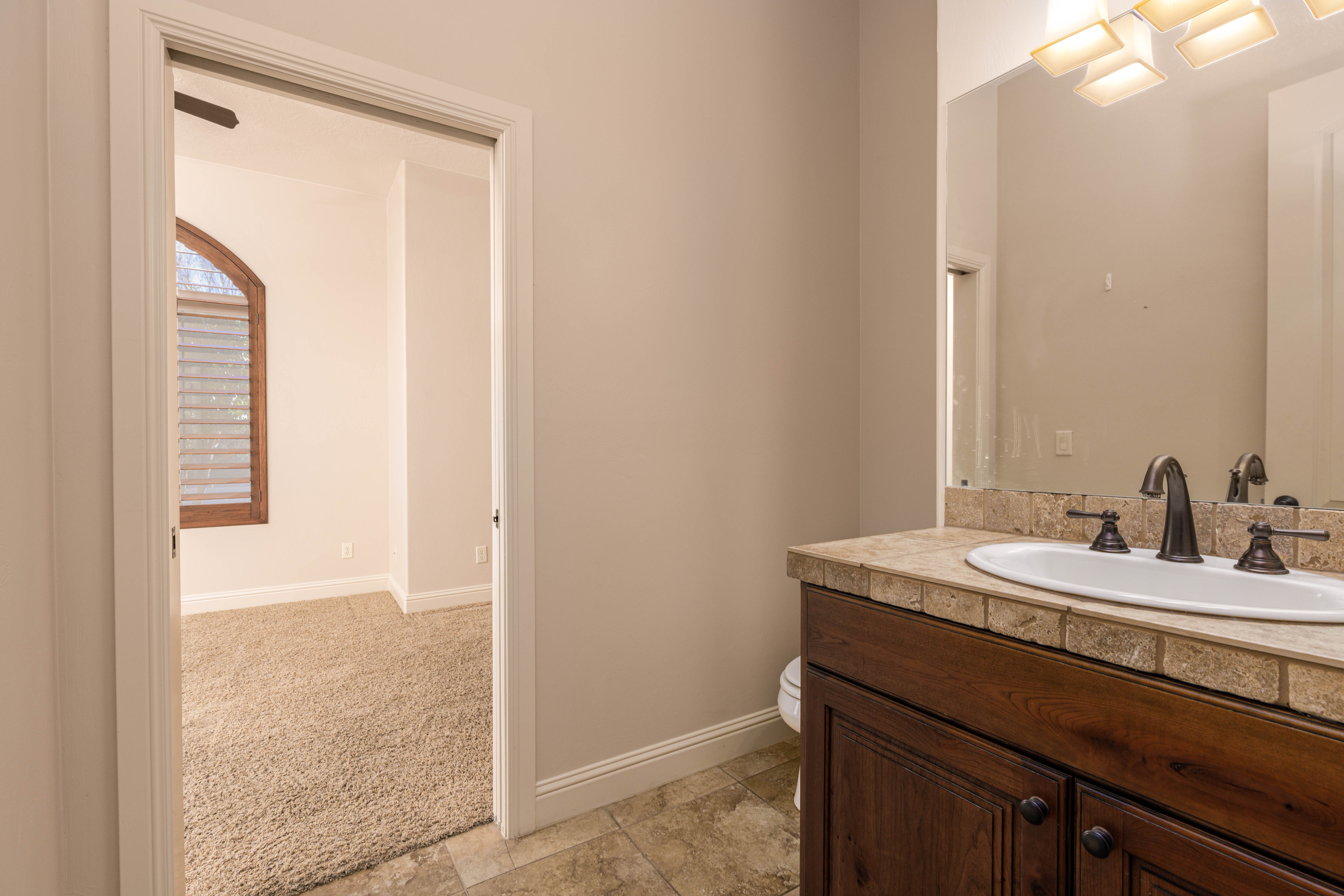 Half bath featuring light colored carpet, vanity, and light stone finish flooring