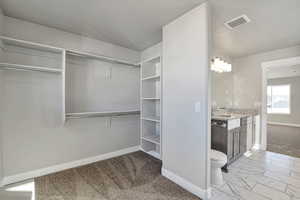 Spacious closet featuring light carpet and light marble finish floors