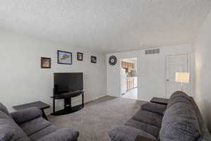 Living room featuring a textured ceiling and carpet flooring