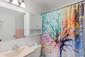 Bathroom featuring curtained shower and vanity