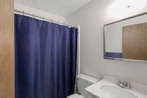 Bathroom with a textured wall, vanity, and a shower with shower curtain