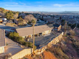Aerial view of residential area with a mountainous background