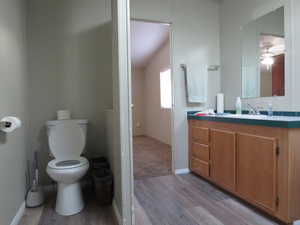 Bathroom featuring vanity, light wood-style floors, and lofted ceiling