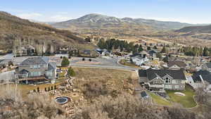 Aerial perspective of suburban area with a mountain backdrop