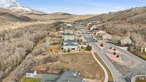 Aerial perspective of suburban area with a mountain backdrop