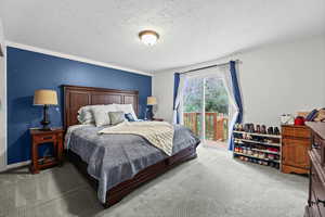 Bedroom featuring light carpet, a textured ceiling, and access to exterior