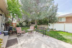 Fenced backyard with a patio