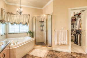 Bathroom featuring a shower stall, a garden tub, a walk in closet, crown molding, and vanity