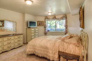 Bedroom featuring a textured ceiling and light carpet