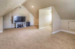 Additional living space featuring a textured ceiling, light colored carpet, vaulted ceiling, and recessed lighting