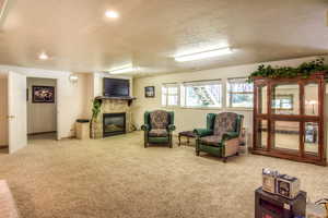 Living area with carpet, a stone fireplace, and a textured ceiling