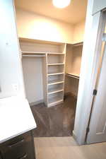Walk in closet featuring light colored carpet and light tile patterned flooring