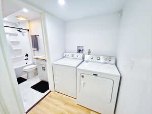 Laundry area with washing machine and dryer and light wood-style floors