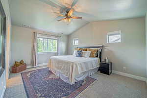 Bedroom featuring light carpet, vaulted ceiling, a textured ceiling, ceiling fan, and multiple windows
