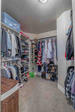 Walk in closet featuring light colored carpet