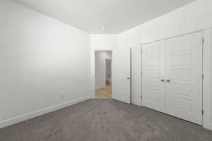 Unfurnished bedroom featuring carpet floors and a closet