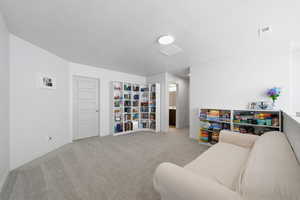 Sitting room featuring light colored carpet and a textured ceiling
