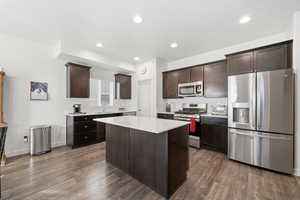 Kitchen with stainless steel appliances, dark brown cabinets, dark wood-style flooring, a kitchen island, and recessed lighting