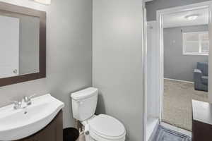 Bathroom featuring vanity, a shower, carpet flooring, and tile patterned flooring