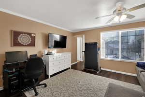 Office area with dark wood finished floors, a ceiling fan, and ornamental molding