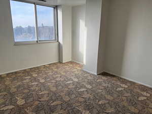 Spare room with light colored carpet and baseboards