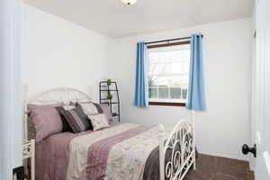 Bedroom featuring carpet flooring and baseboards.