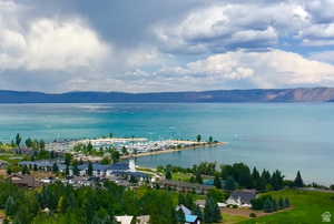 Deck view of Bear Lake and Marina, and  mountain view