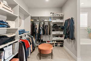 Spacious closet with light carpet