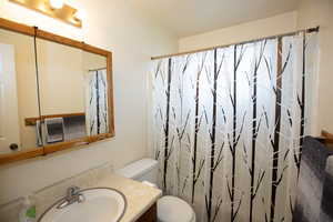 Full bathroom with vanity and a shower with curtain