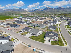 Aerial view of residential area with a mountain backdrop
