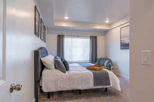 Carpeted bedroom with a raised ceiling and recessed lighting