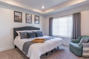 Carpeted bedroom with a tray ceiling and recessed lighting