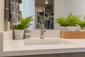 Bathroom view of vanity, recessed lighting, and a spacious closet