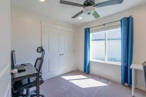 Office featuring carpet, recessed lighting, and ceiling fan