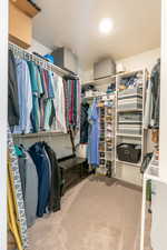 Walk in closet with light colored carpet